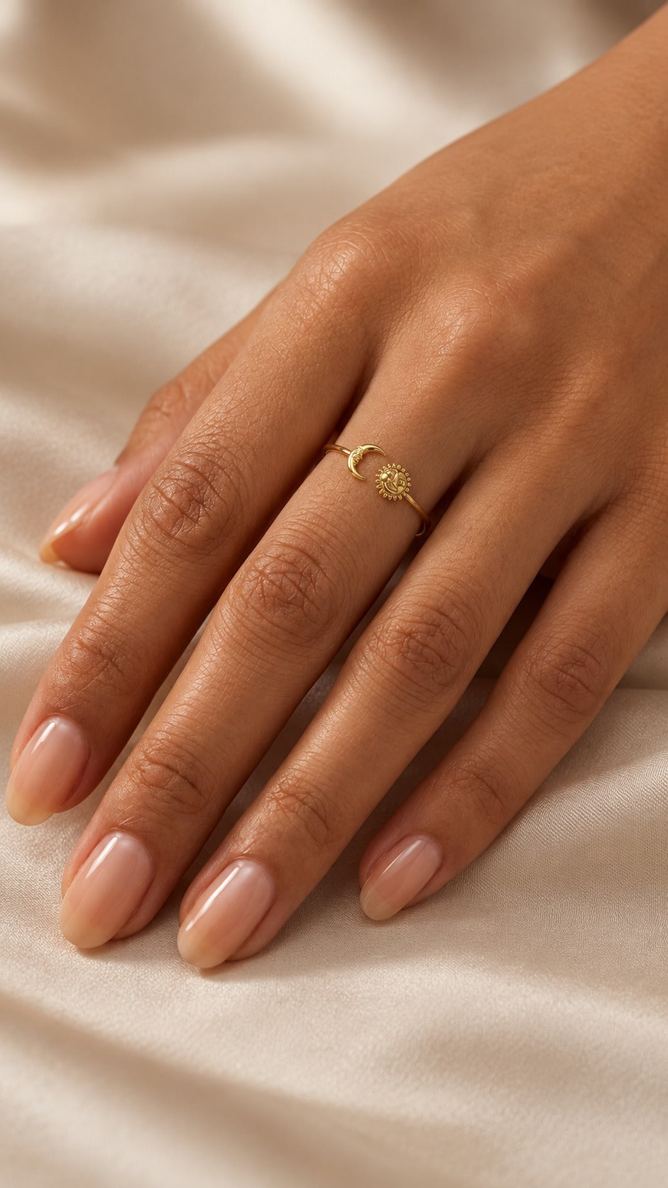 Sun & Moon Cuff Ring, worn on the hand