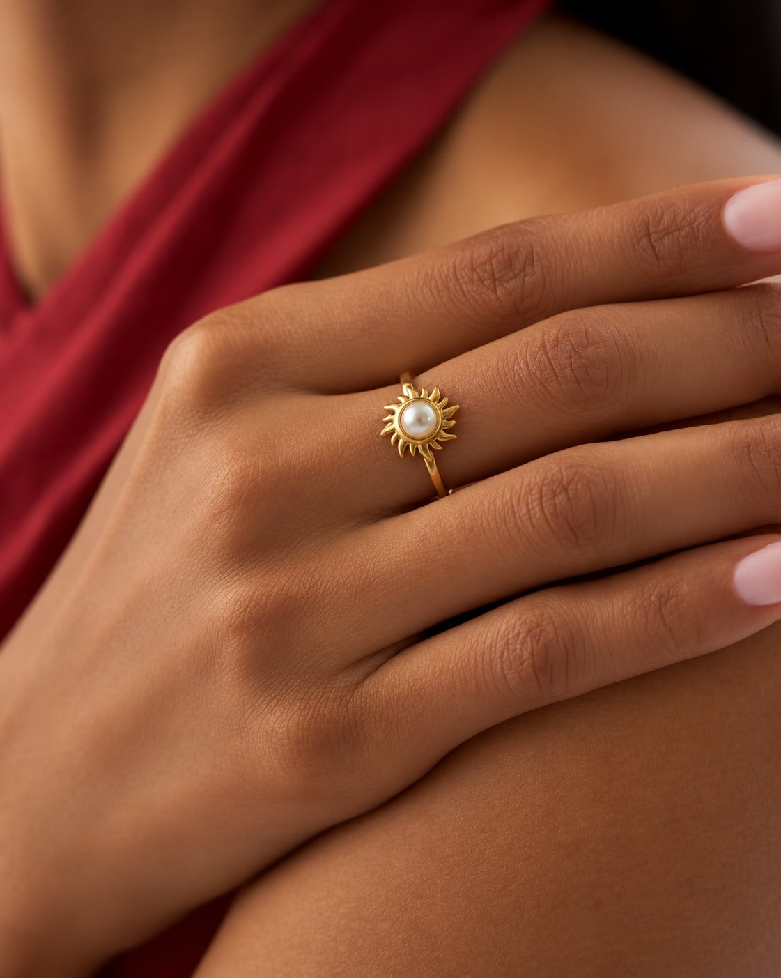 Sunburst Faux Pearl Ring, worn on the hand