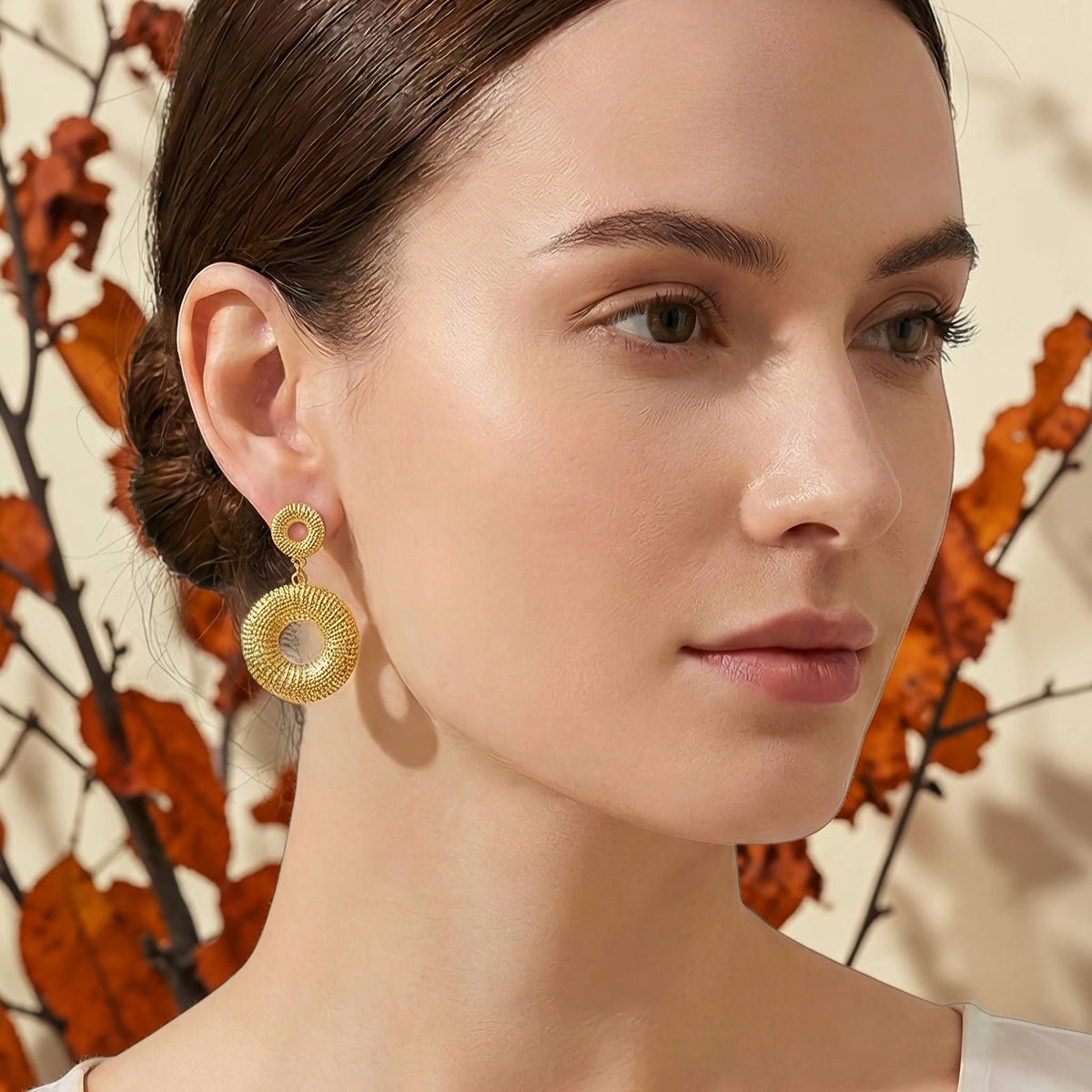 Textured Double Circle Drop Earrings, worn