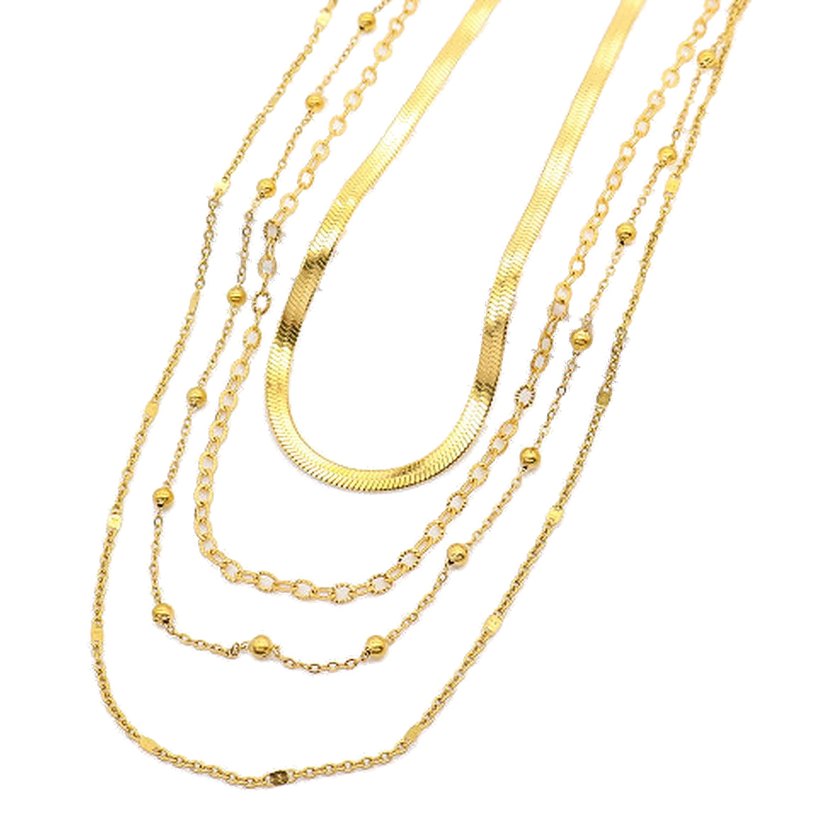 Gold-Tone Herringbone Chain: a flat herringbone chain layered with finer chains, on white