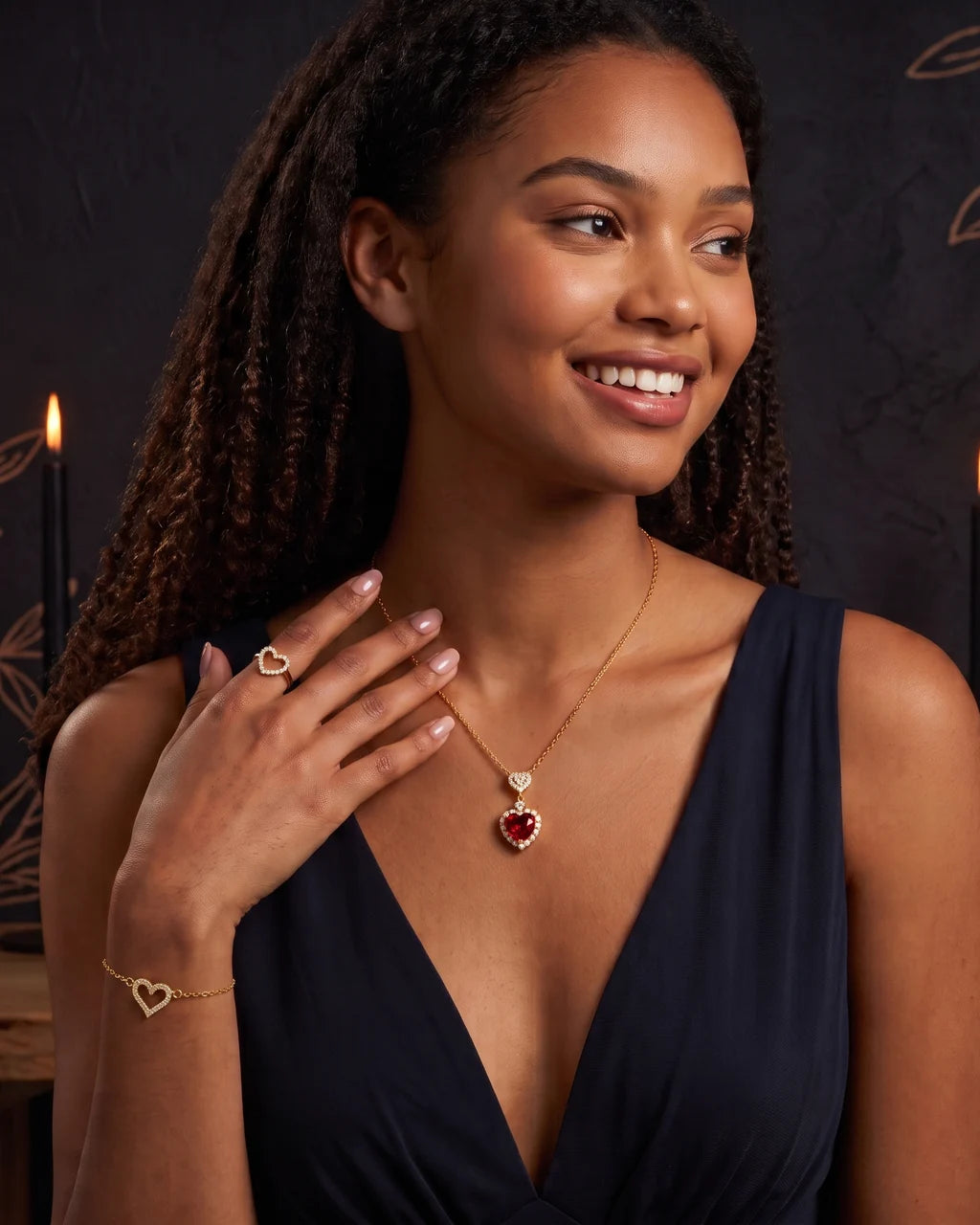Love Notes, worn: the Pavé Open Heart Ring, Red Heart Halo Pendant Necklace and Pavé Open Heart Bracelet
